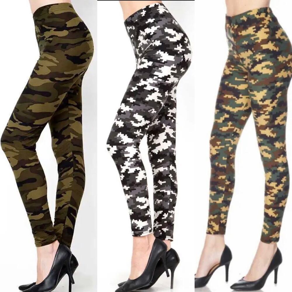3 Women's Printed Pixel Camouflage Soft Comfy Full Leggings Ankle One Size